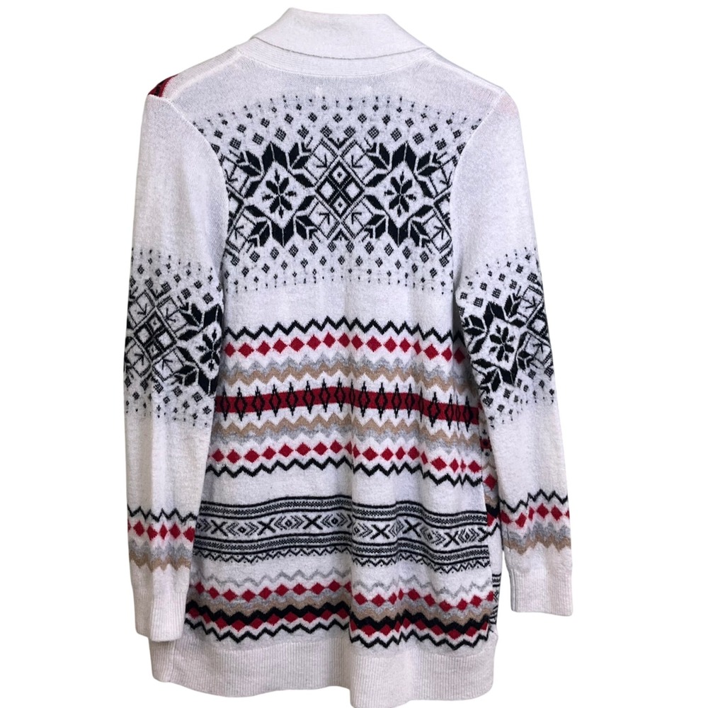 Loft Red Black Fair Isle‎ Open Front Cardigan Wool Blend Knit Christmas Medium - Picture 5 of 7